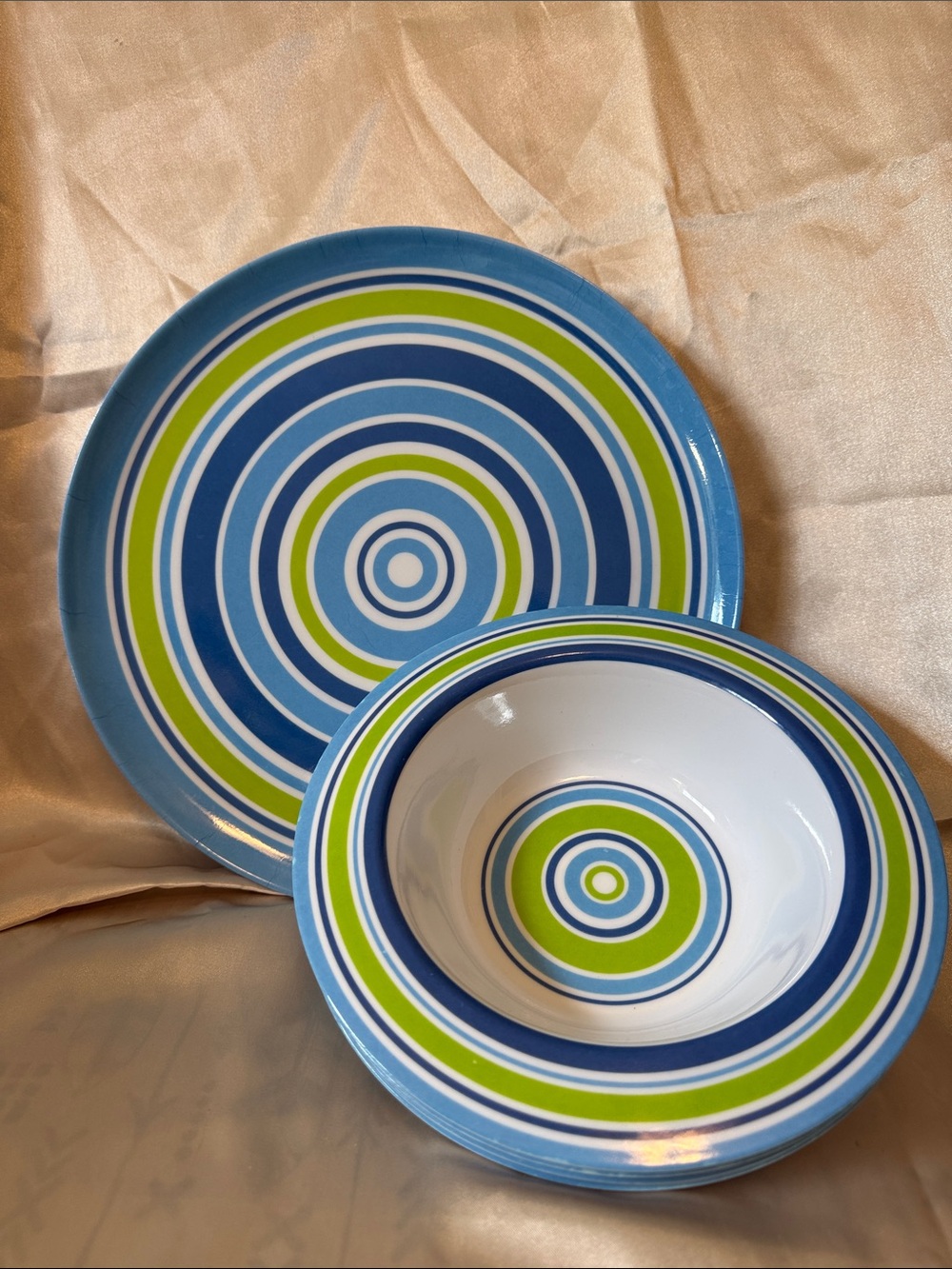 Hard Plastic Blue and Green Striped Dinner Plate and Bowl Set. 4 of each.